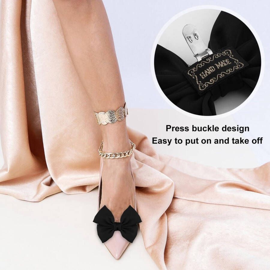 2 stuks Schoen Clips Satijn Afneembare Schoen Gespen Elegant Decoratieve Schoen Clips voor Dames Meisjes Schoen Strikje voor Bruiloft Feest Dagelijks Gebruik (Zwart) Geen edelstenen