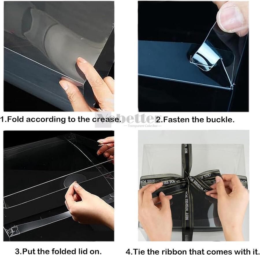 2 stuks taartdoos taartkarton taartbox 26 x 26 x Cake Box transparante taarten transportdozen geschenkdoos doorzichtig met zwarte sokkel band kleine kaart voor verjaardag dessert
