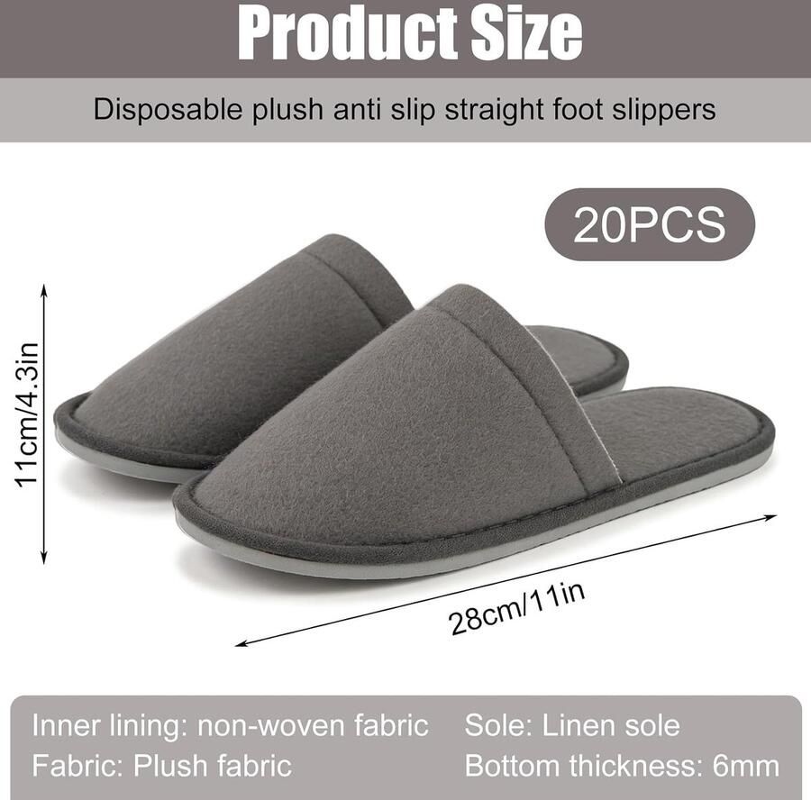 20 paar spa-pantoffels: 6 mm grijze badstof lamspool hotelpantoffels antislip gastpantoffels badstof pantoffels voor hotel en thuis