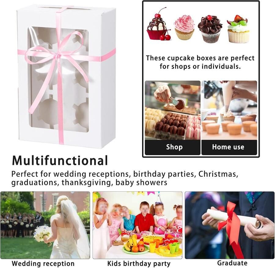 20 stuks 6 gaten Cupcakedozen met venster Kartonnen verpakkingsdozen Bakkerijdozen met inzetstukken voor Muffins Koekjes Cupcakes Desserts Taarten (Wit)