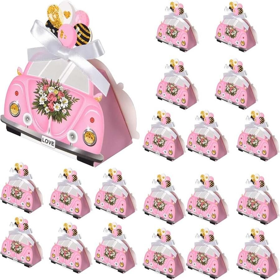 20 stuks mini-doosjes voor snoep bruiloft snoepdoosjes in de vorm van een bruiloftsauto roze doosjes voor gastgeschenken voor bruiloft doop verjaardag