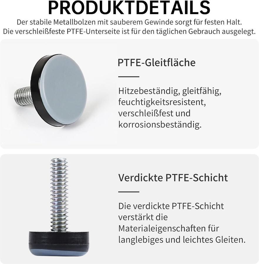 20 stuks verstelbare PTFE poten met M6 schroefdraad robuuste glijglijders voor vloerbescherming meubelglijders op tapijt pvc laminaat en linoleum