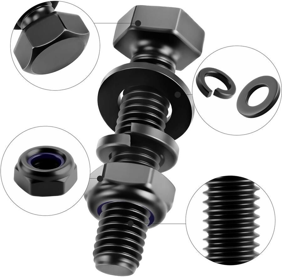 20 stuks zeskantschroeven M8 x 50 mm schroeven zwart DIN 933 zeskantige kopschroeven koolstofstaal buitenzeskant met zelfborgende moeren sluitringen en veerringen voor auto's en