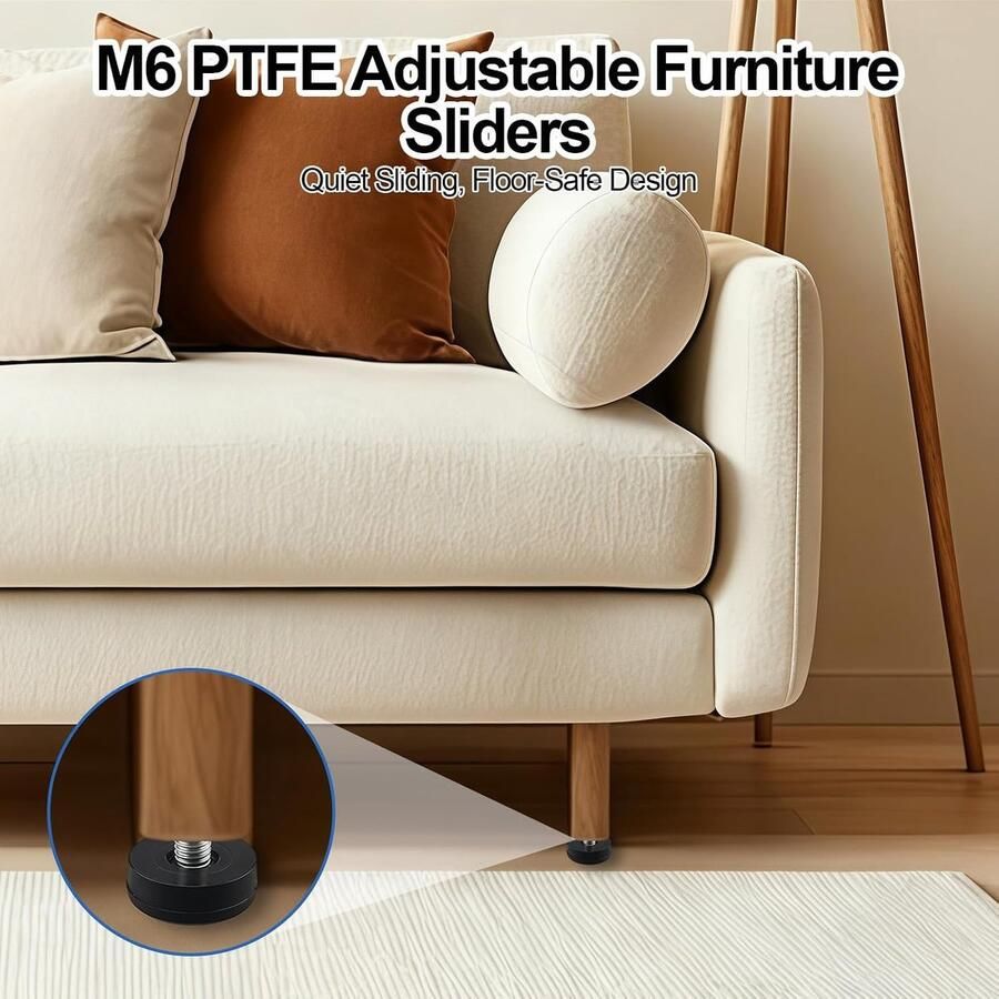 20 x teflon meubelglijders met schroefdraad van PTFE-glijders stelpoten M6 x 20 mm verstelbare meubelpoten nivellervoeten vloerbeschermers stoelglijders om te schroeven voor stoelen tafel - Foto 2