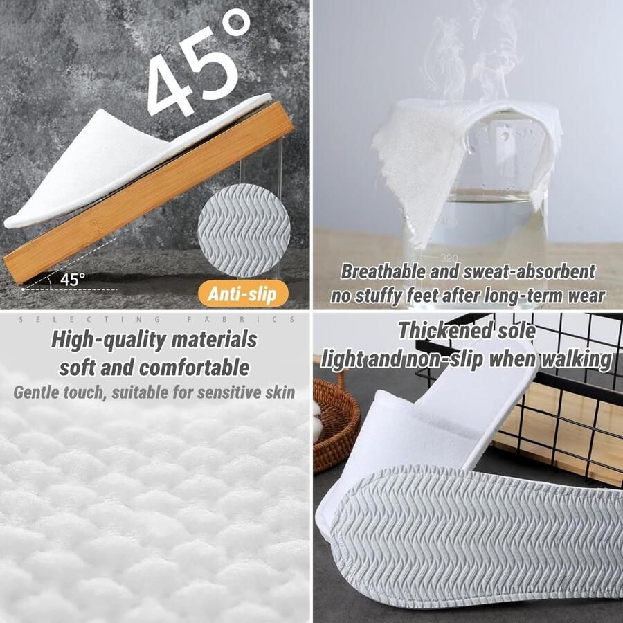 24 paar wegwerp-pantoffels gastenpantoffels spa-pantoffels badstofslippers spa hotelslippers voor thuis feest reizen commercieel gebruik universele maat (wit)