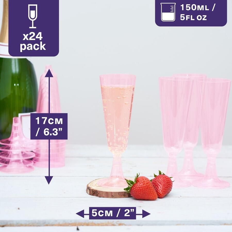 24 Premium Roze Plastic Champagnefluiten voor Bruiloften Verjaardagen & Feesten 150ml Herbruikbare Kunststof Champagne Glazen Elegante Plastic Glazen voor Cocktails Dessert
