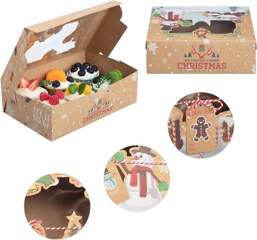 24 stuks kerstkoekjesdozen 4 soorten design geschenkdozen Kerstmis koekjes cupcake-dozen met kijkvenster hanger touw en tags voor Kerstmis brood koekjes chocolade