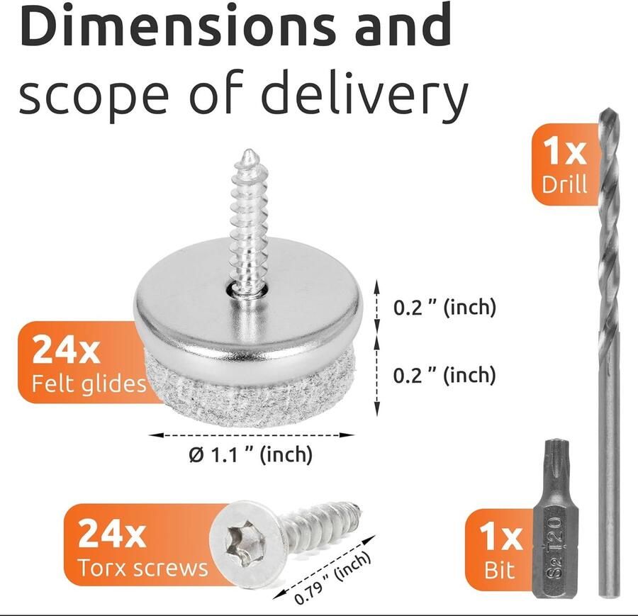 24x vilten glijders met verbeterd torx-schroeven 28mm 1.1inch set bestaande uit stoelglijders + torxbitje + drilboor stoelbeenbeschermer meubelglijder om in te schroeven parketglijder