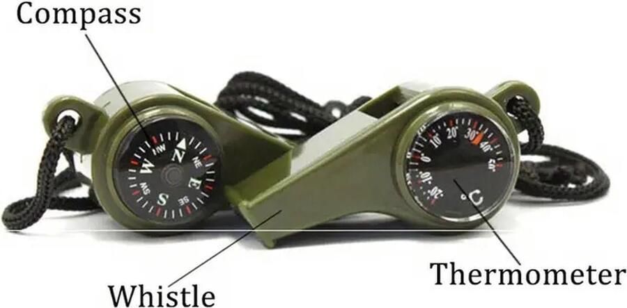 3-in-1 Noodfluitje Noodfluit met Kompas & Thermometer Survival Fluit Met Nylon Lanyard Groen Voor Outdoor Noodpakket Wandelen & Sport