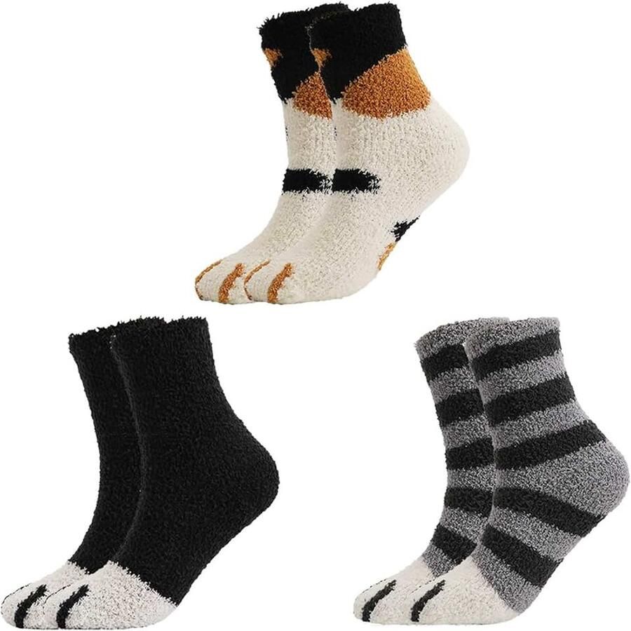 3 paar pantoffelsokken voor dames en meisjes wintersokken voor binnen donzige pluizige huissokken zachte kattenklauw slaapsokken