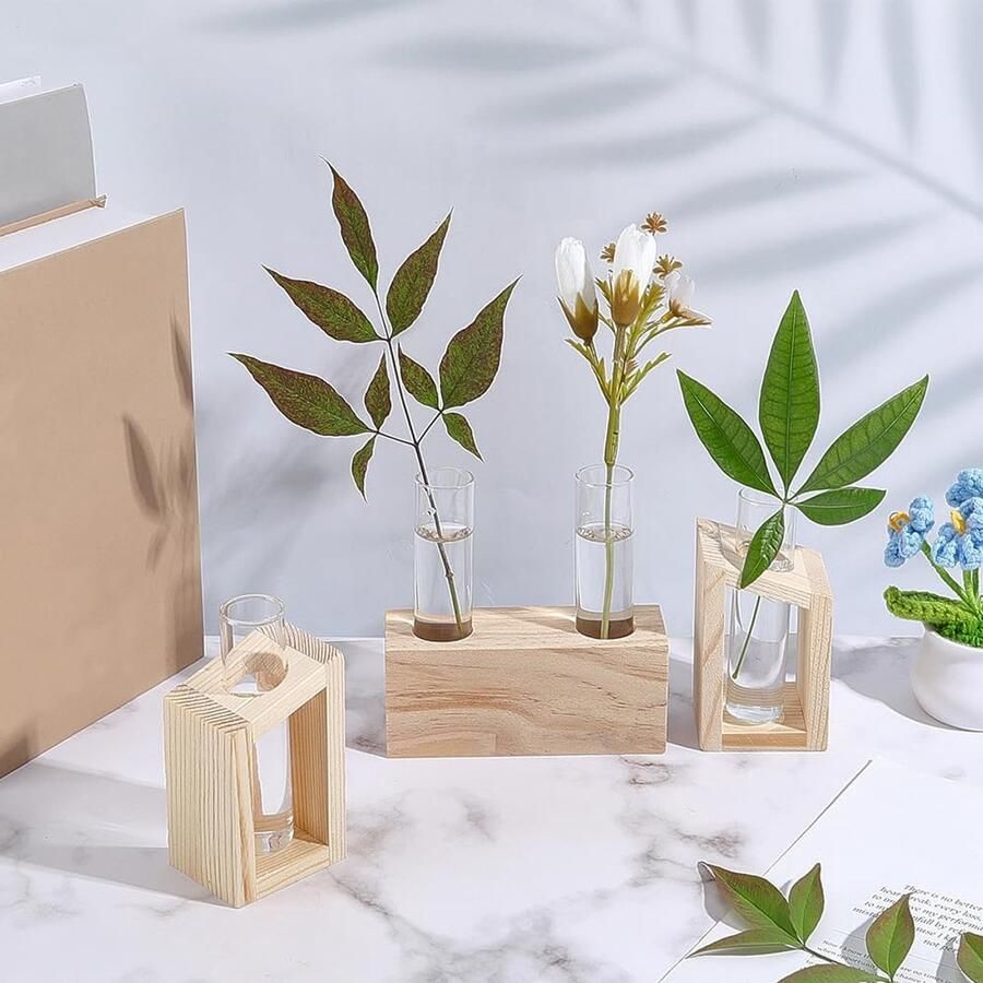 3 sets kweekstation plantenstandaard van hout met 4 glazen buizen voor hydrocultuur plantenpotten decoratie thuis en op kantoor klein verjaardagscadeau