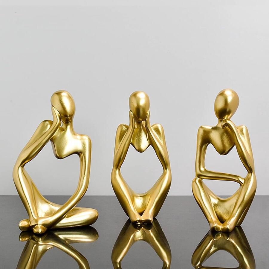 3 stuks denker hars standbeeld set gepersonaliseerd abstract ornament voor kantoor woonkamer bureau kamer decor (goud)