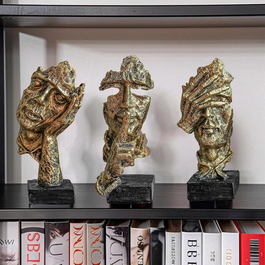 3 stuks denker standbeeld stilte is goud abstracte kunst beeldje moderne thuis hars decoratieve objecten decor voor thuiskantoor boekenplank desktop geen horen nee zien nee spreken Knick