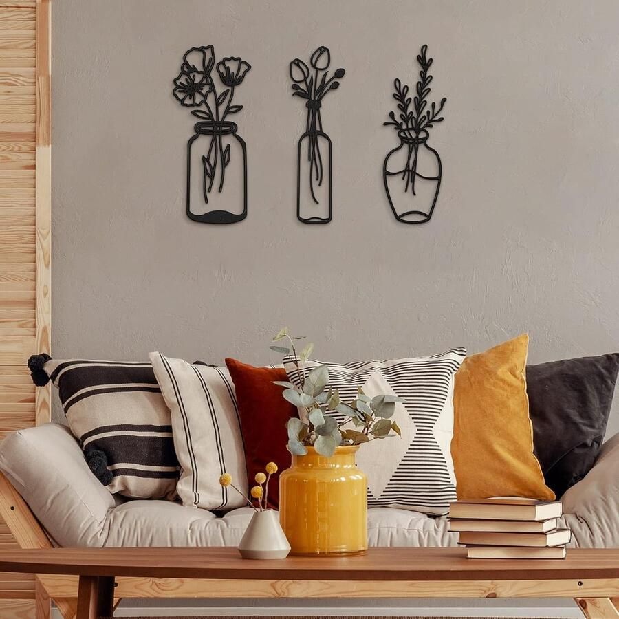 3 stuks metalen bloem wanddecoratie minimalistische vaas muurkunst tulp draad ijzeren decor bloemen muur sculptuur voor keuken badkamer woonkamer (stijlvolle stijl