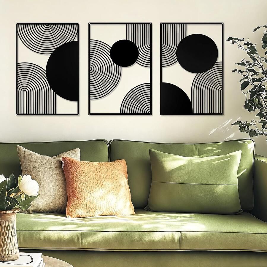 3 Stuks Zwart Metalen Wanddecoratie Zwart Modern Geometrisch Wanddecoratie Hangende Minimalistische Lijn Wandkunst voor Slaapkamer Woonkamer Badkamer Balkon Galerij