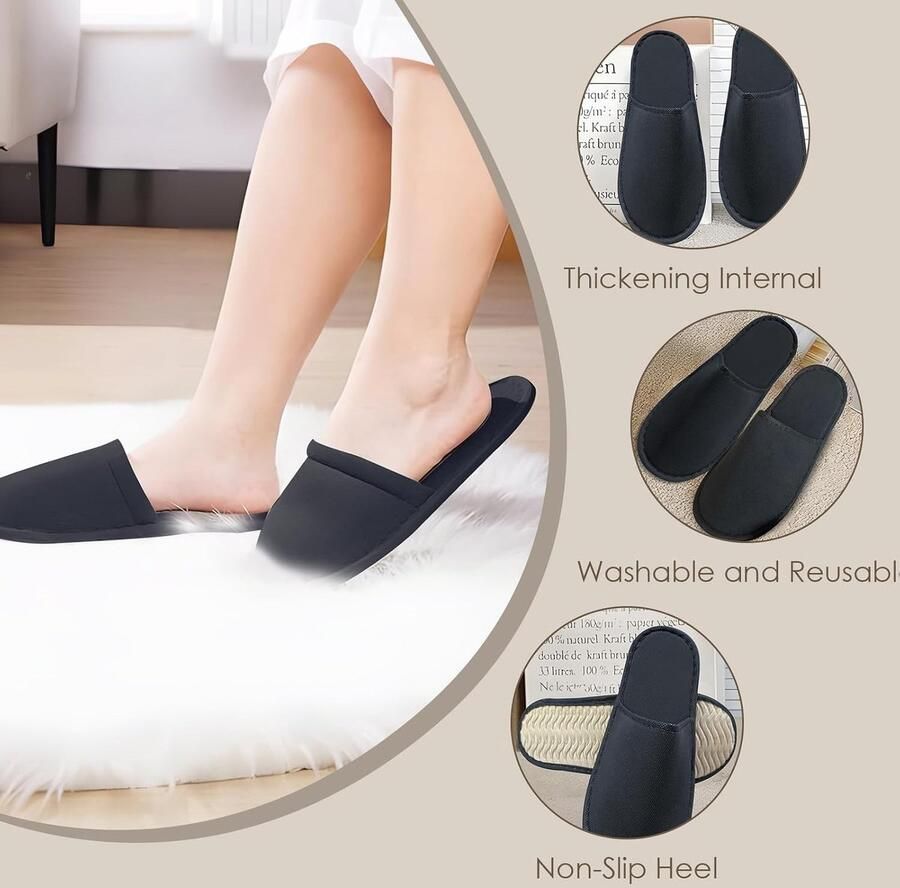 30 Paar Hotel Slippers Spa Slippers Wegwerp Slippers Antislip Dikke Gebreide Stof Wasbaar en Herbruikbaar Zwart
