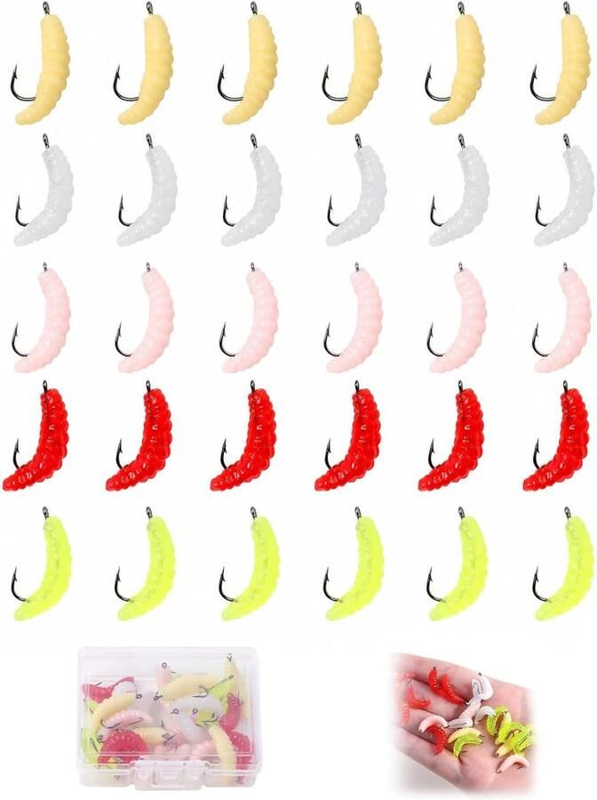 30 stuks zacht kunstaas wormen siliconen pinworm met haken visaas realistische wormen voor forel zoet water forel aas visaccessoires