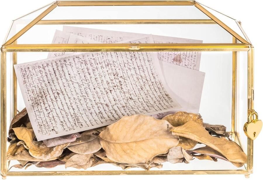 32x15x Geometrische Glazen Kaartdoos met Slot voor Bruiloft Receptie Wishwell Keepsake Gouden Handgemaakte Kaarthouder Terrarium Grote Party Centerpiece (Glazen Doos en Alleen)