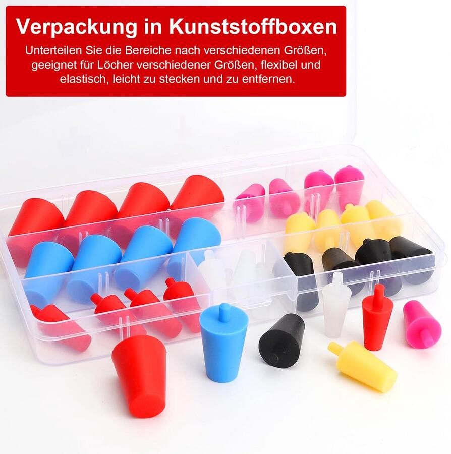 35 stuks siliconen doppen 7 maten conische dop rubber voor poedercoating anodiseren verf incl. opbergdoos