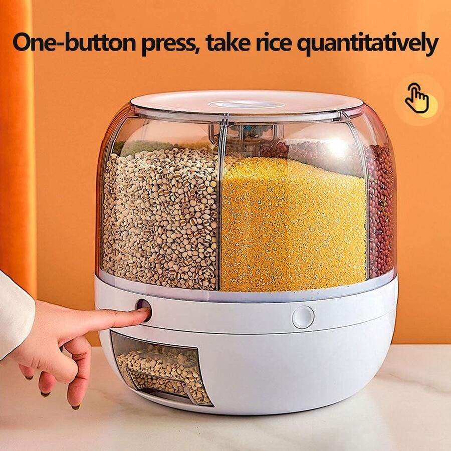 360 ° roterende droogvoer dispenser 6-raster ronde rijstdispenser granen opbergdoos tank voedsel fruit granen opbergdoos keuken accessoires thuis organisatie capaciteit: ongeveer 6kg 13lbs