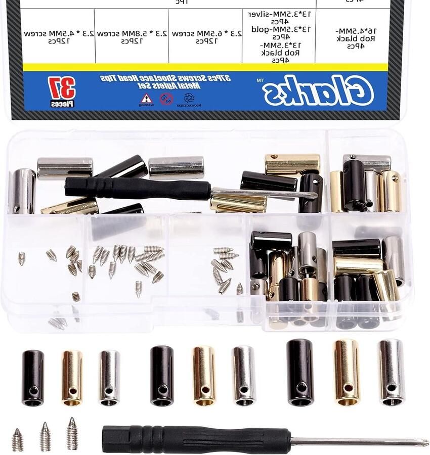 37 Stuks Metalen Schoenveter Aglet Tips in 3 Kleuren en 3 Maten voor Sneakers en Kleding