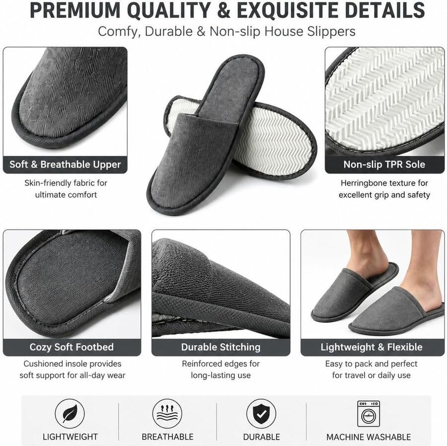 4 Paar Badslippers voor en 2 Zwart en 2 Wit Wasbare Uniseks Gastenslippers met 5 mm Antislipzool Zachte Katoen-Linnen Huispantoffels voor Hotel Spa Thuis en Reis