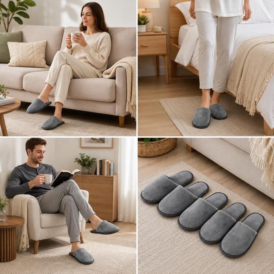 4 Paar Grijze Gastenpantoffels van Zacht Koraalfleece Wasbare Herbruikbare Hotelslippers Uniseks Huisslippers voor Hotel Spa Logeerkamer en Reizen