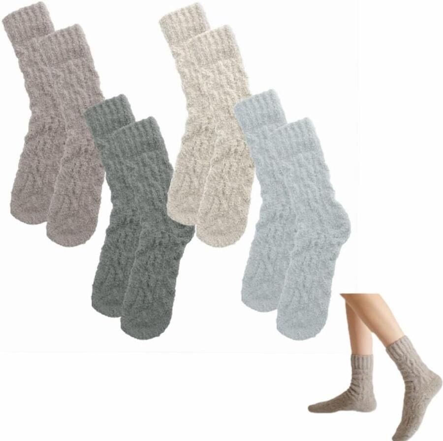 4 Paar Knuffelsokken Dames van Koraalfleece Zachte Warme Huissokken en Bedsokken Halflang in Bruin Crème Lichtblauw Grijs Pluizige Wintersokken voor Thuis Slapen en Reizen
