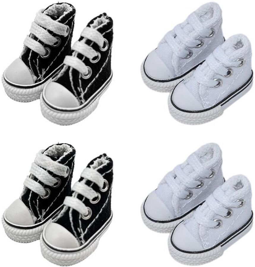 4 paar mini canvas sneakers voor poppen Coole veterschoenen in zwart en wit