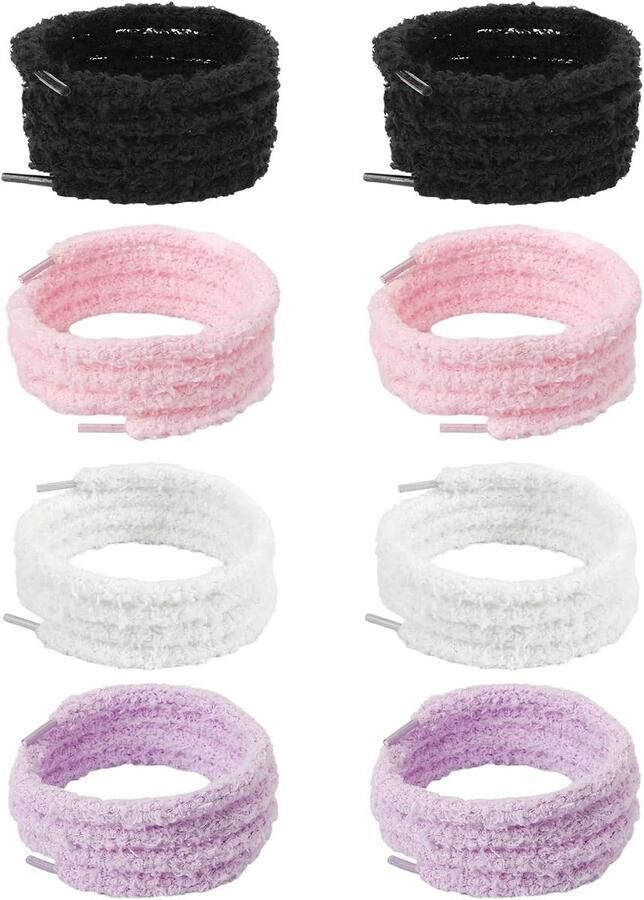 4 Paar Pluche Schoenveters Set Zwart Wit Roze Paars Scheurbestendig Universeel voor Kinderen en Volwassenen