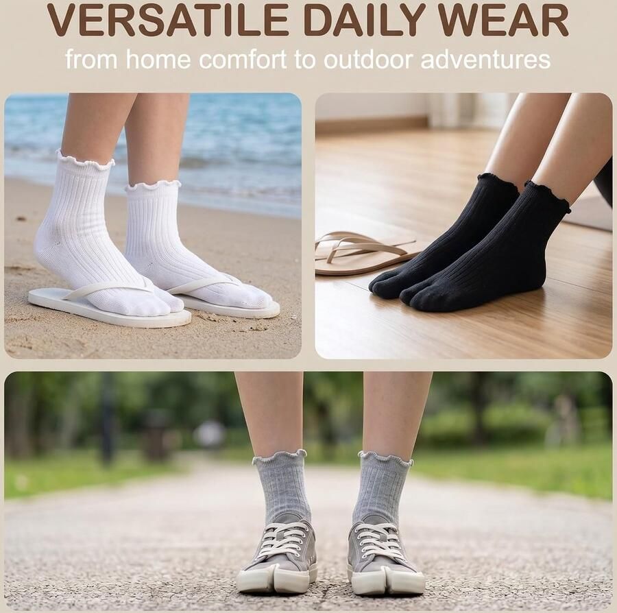 4 paar tabi sokken voor dames twee teensokken ideaal voor teenslippers en tabi schoenen zacht en ademend katoen meerkleurig (zwart wit grijs crème) eenheidsmaat
