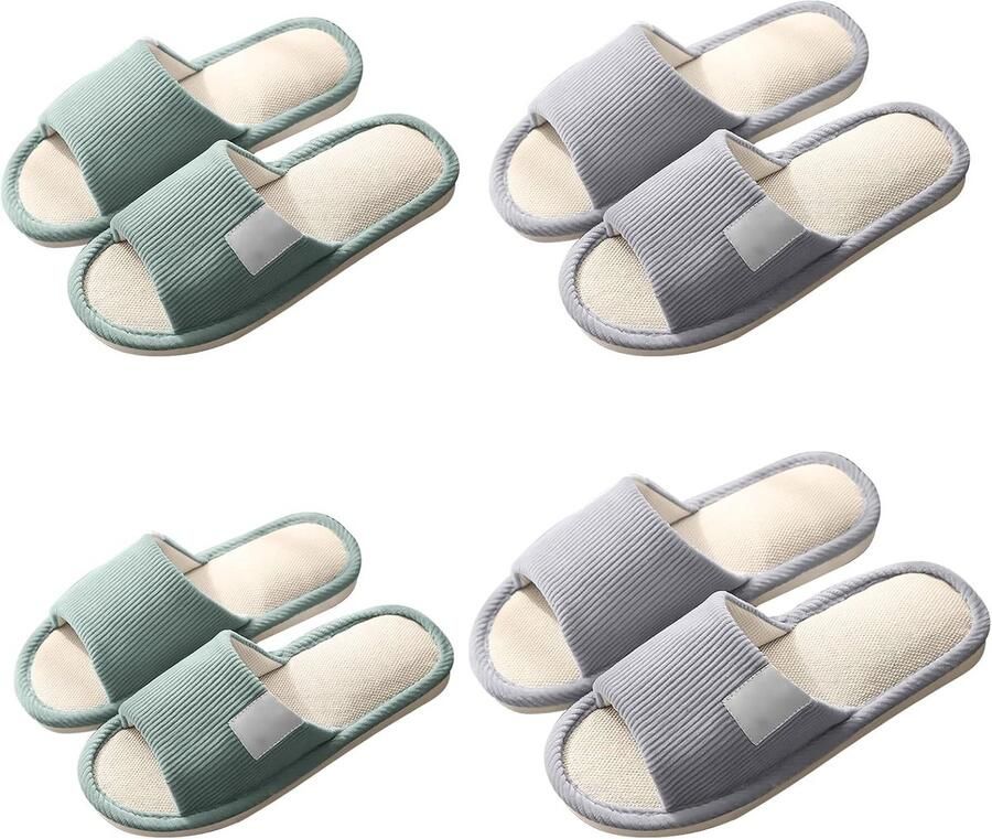 4 paar uniseks hotelpantoffels linnen pantoffels met open teen gastenpantoffels voor en wasbaar voor spa feest hotel groen lichtgrijs 1 unité (Lot de 1)