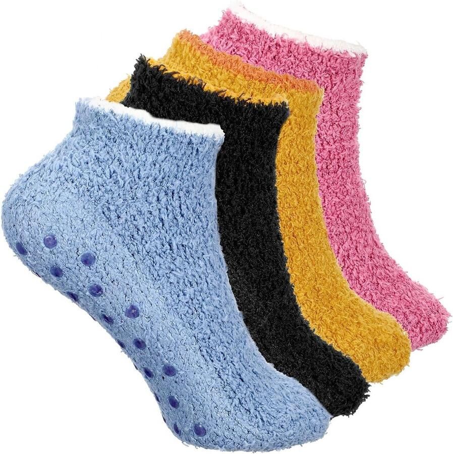4 Pairs Fluffy Slippers Socks for Slippers Sock with Grippers Warm Cozy Bed Fluffy Socks Pink Fluffy Socks for Home Sleeping
