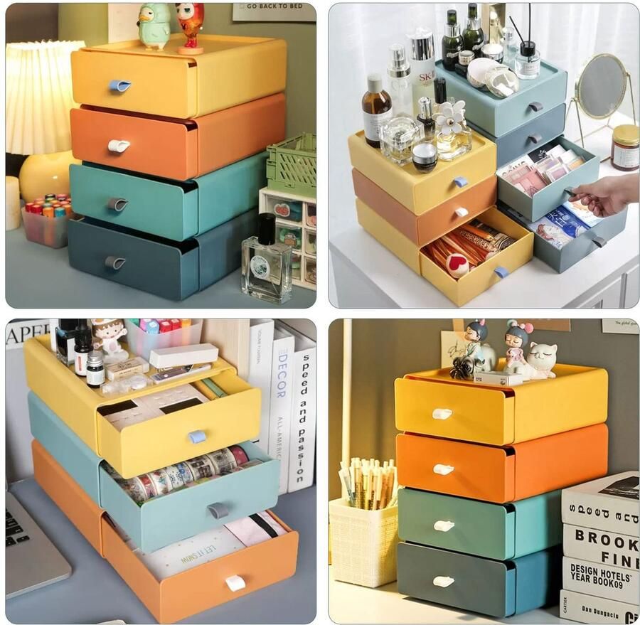 4 stapelbare ladeboxen 20 5 x 19 5 x opbergdoos met laden plastic ladebox stapelbaar voor kantoor kamer cosmetica bureau (4 kleuren)