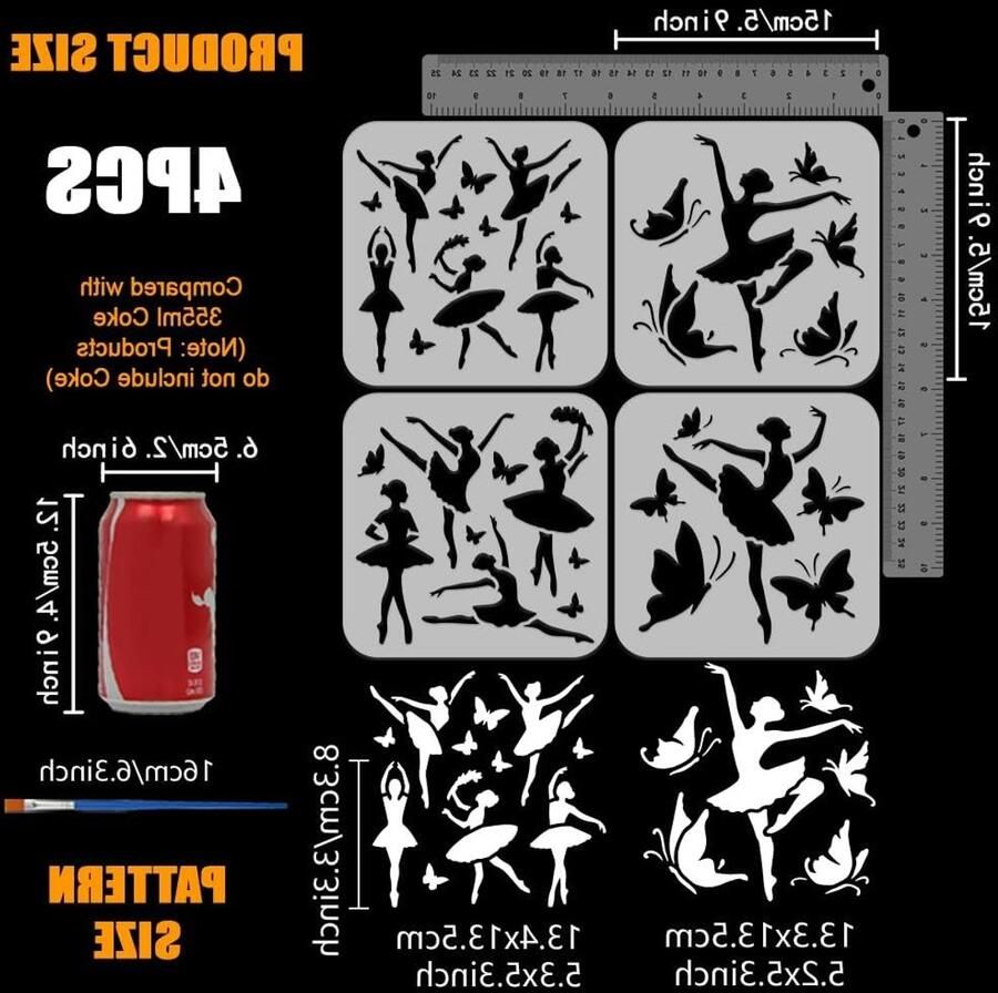 4 Stuks Ballet Schilder Stencils met Kwast 15x Herbruikbare Silhouet Sjablonen voor Ballerina en Vlinders Ideaal voor Houten Meubels en Huisdecoratie