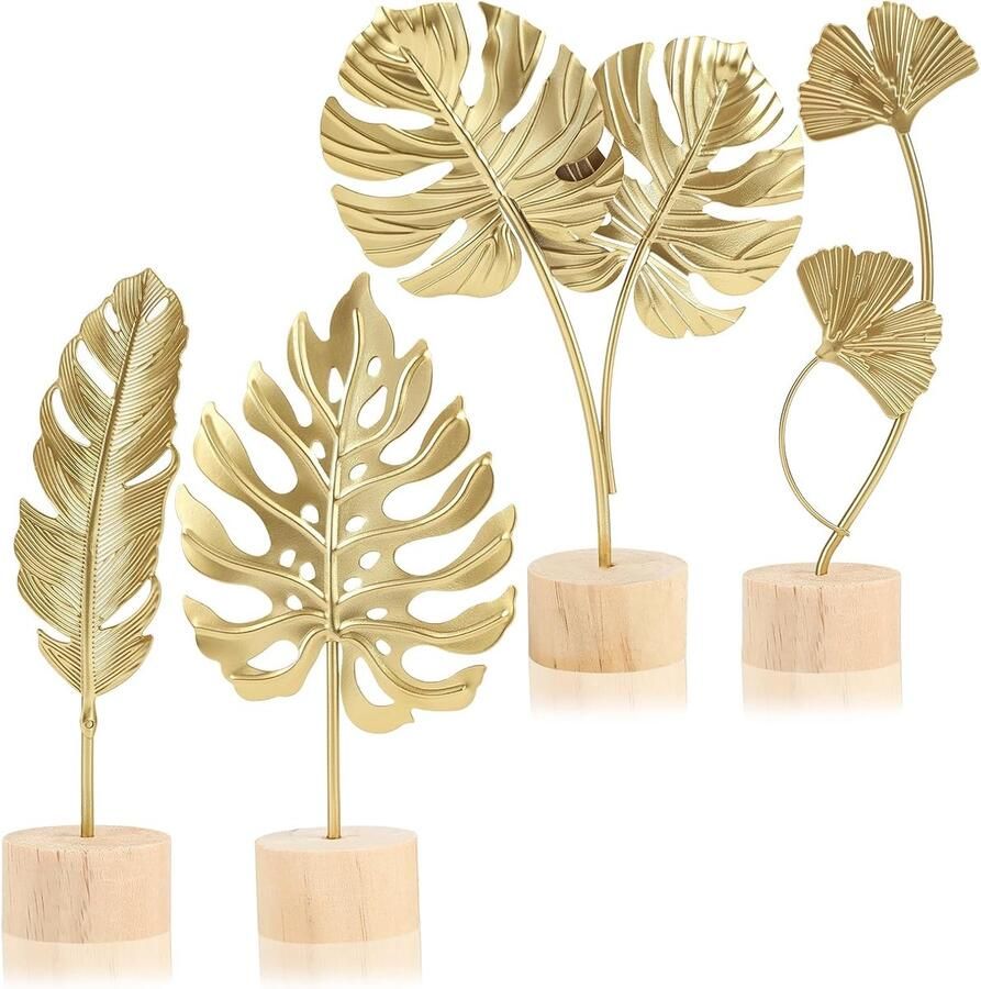 4 stuks gouden bladerdecoratie met houten sokkel moderne decoratie woonkamer vensterbankdecoratie tafeldecoratie woonkamer metalen bladsculptuur voor slaapkamer plank of kantoor