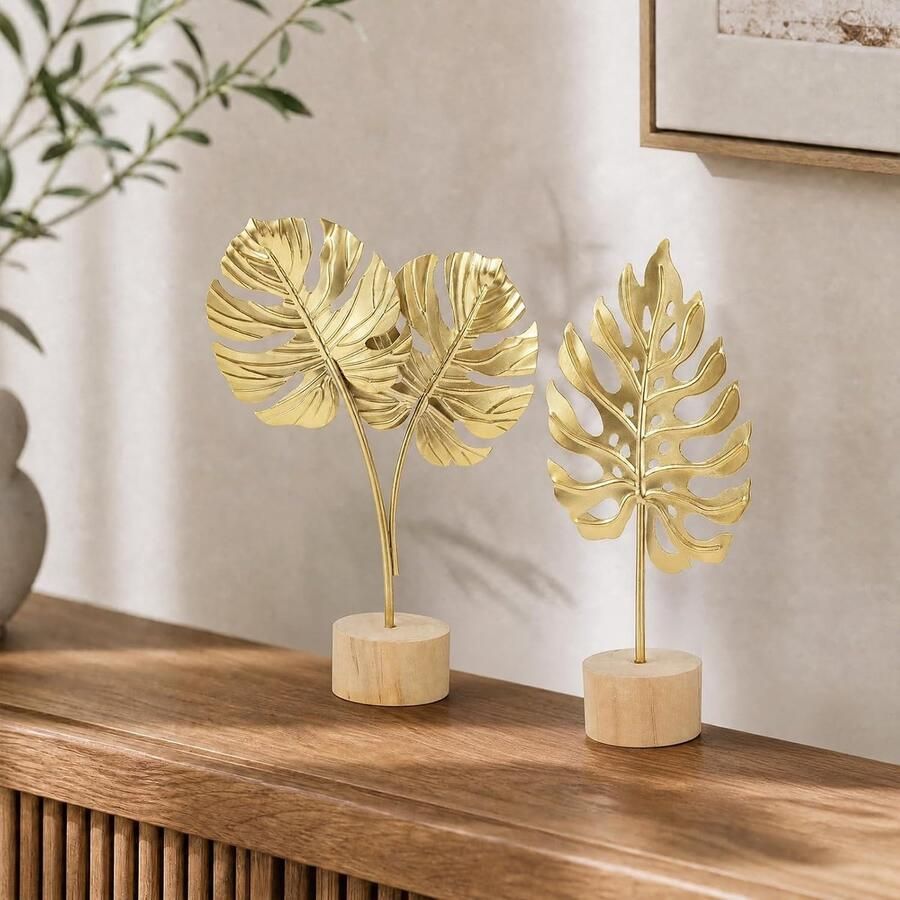 4 stuks gouden bladerdecoratie met houten sokkel moderne decoratie woonkamer vensterbankdecoratie tafeldecoratie woonkamer metalen bladsculptuur voor slaapkamer plank of kantoor - Foto 2