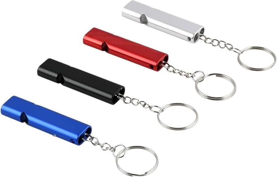 4 stuks signaalfluitje trilerfluitje luid noodgevallen aluminium dubbele buis survivalfluitje outdoor camping wandelen uitrusting sleutelhanger
