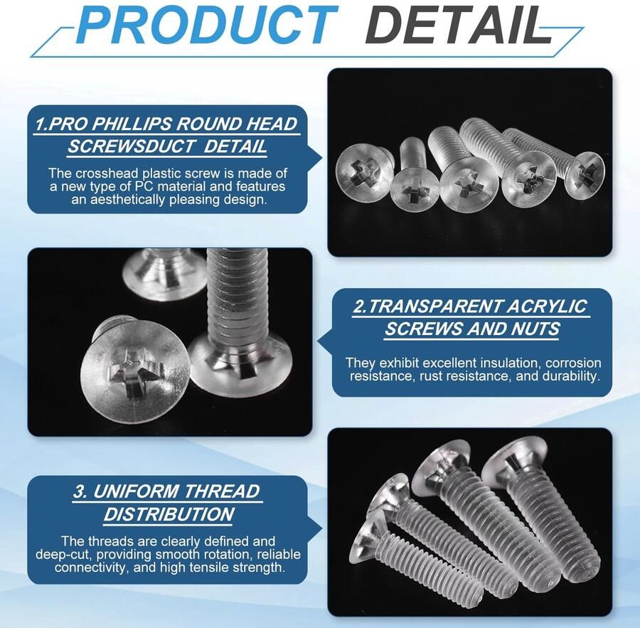 40 stuks heldere acrylschroeven M3 x 10 mm assortimentset verzonken kopschroeven platte kop machines acrylschroeven p kunststof Phillips ronde kop voor machineaccessoires