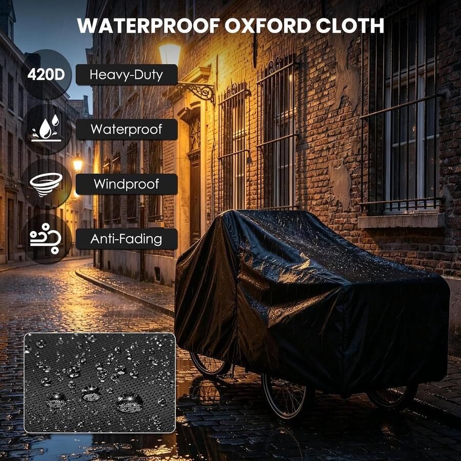 420D Oxford-stof waterdicht uv-bescherming winddicht fietsgarage afdekzeil met opbergtas voor vrachtfiets driewieler en e-bike