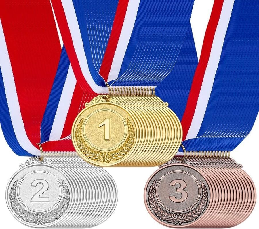 48 stuks gouden zilveren bronzen awardmedailles 3 kleuren zinklegering medailles met nylon band 1e 2e 3e winnaar prijzen met neklinten voor sportbijeenkomsten wedstrijden Game Party