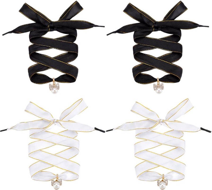 PH PandaHall 4pcs fashionable satin ribbon shoelaces with rhinestones bow pearl charms 44 inch black and white silk ribbon flat shoelaces replacement for women sneakers