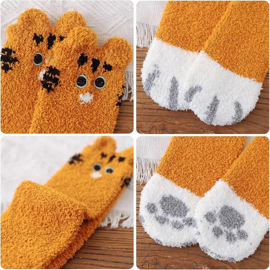 5 paar pluche sokken met kattenpoten voor de winter pluizig koraalfleece warm om te slapen Zwart gemêleerd kaki gespikkeld geel gespikkeld alles geel alles zwart one size