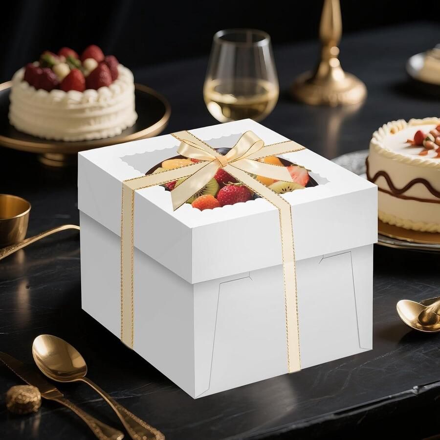 5 Sets Taarttransportbox Met Kijkvenster 30 × 30 × Inclusief 5 Taartborden Lint En Stickers Voor Taarten Tot Diameter