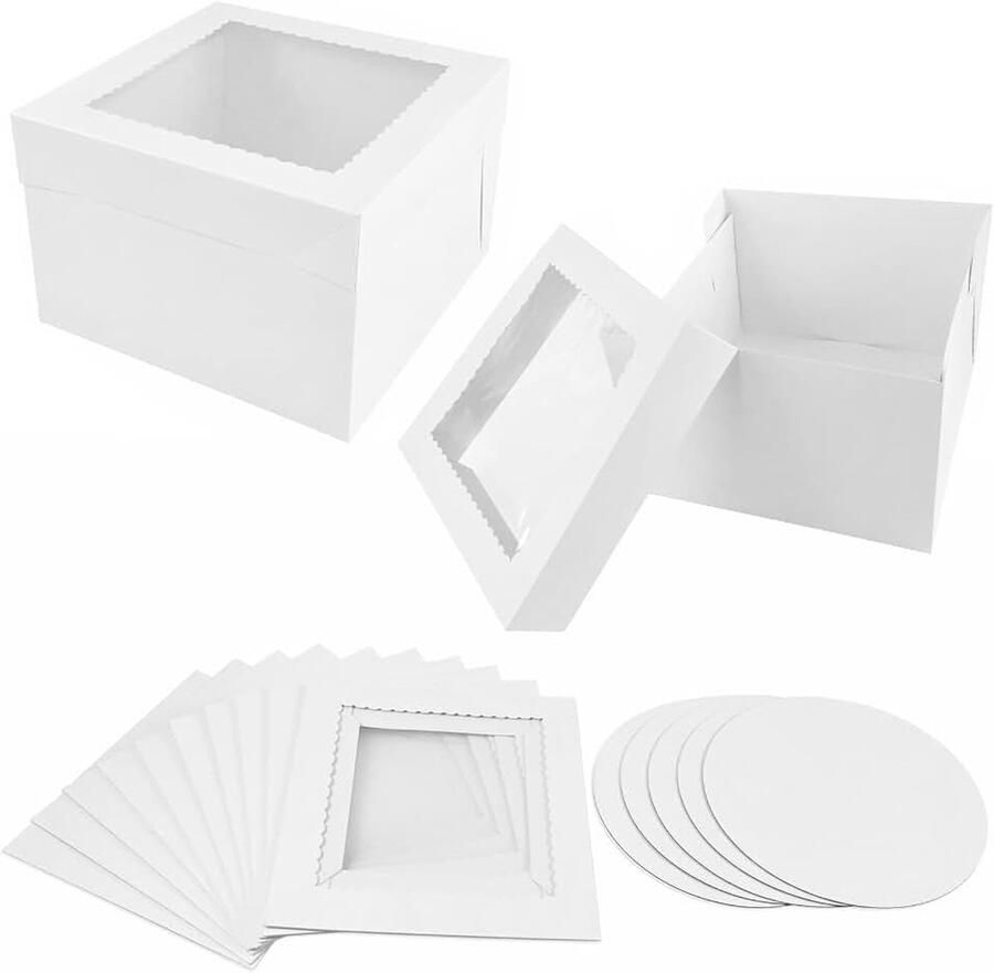 5 stuks taartboxenset extra stabiel met versterkte zijkanten & incl. taartplanken taartdoos hoog 30x30x met kijkvenster veilige taarttransportbox voor verjaardag bruiloft & bakkerij