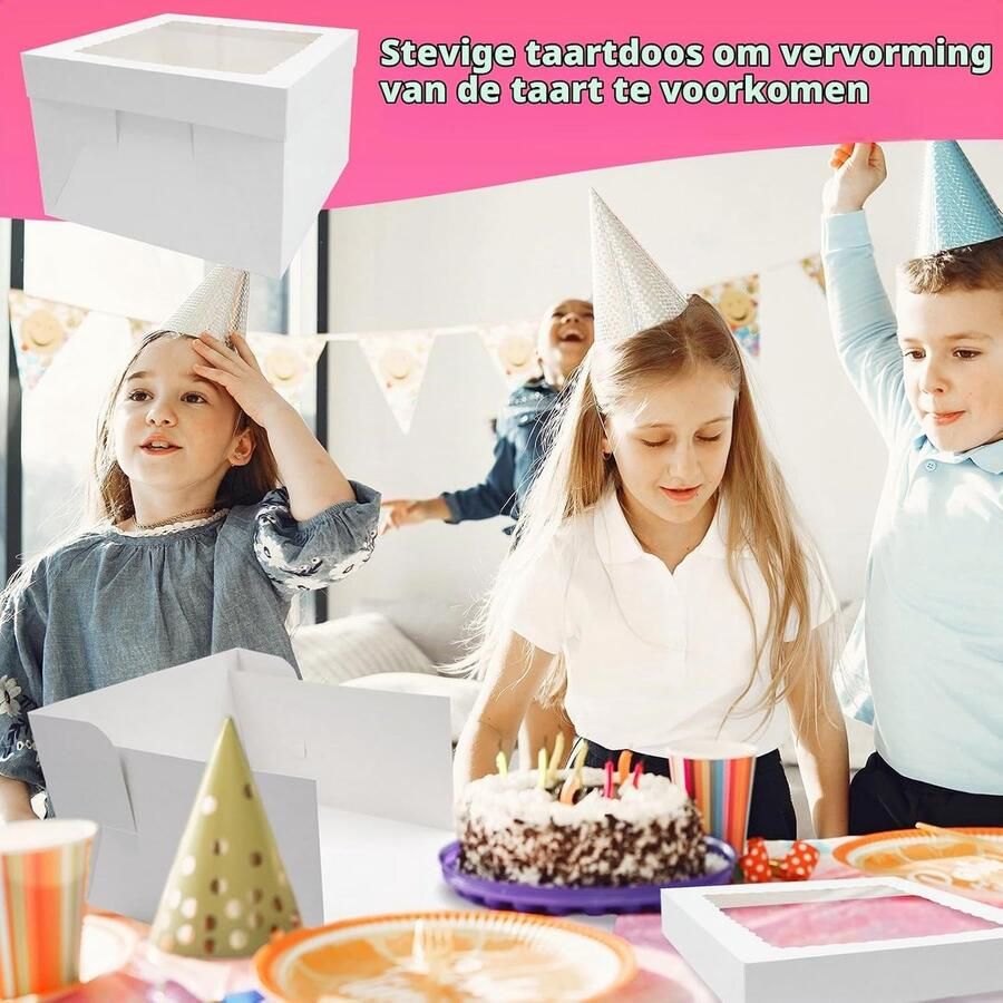 5 stuks taartdoos 30x30x hoog met kijkvenster taarttransportbox met kap verjaardag bruiloft feest taartdoos met deksel voor taarten gebak wit(Zonder taartplateau)