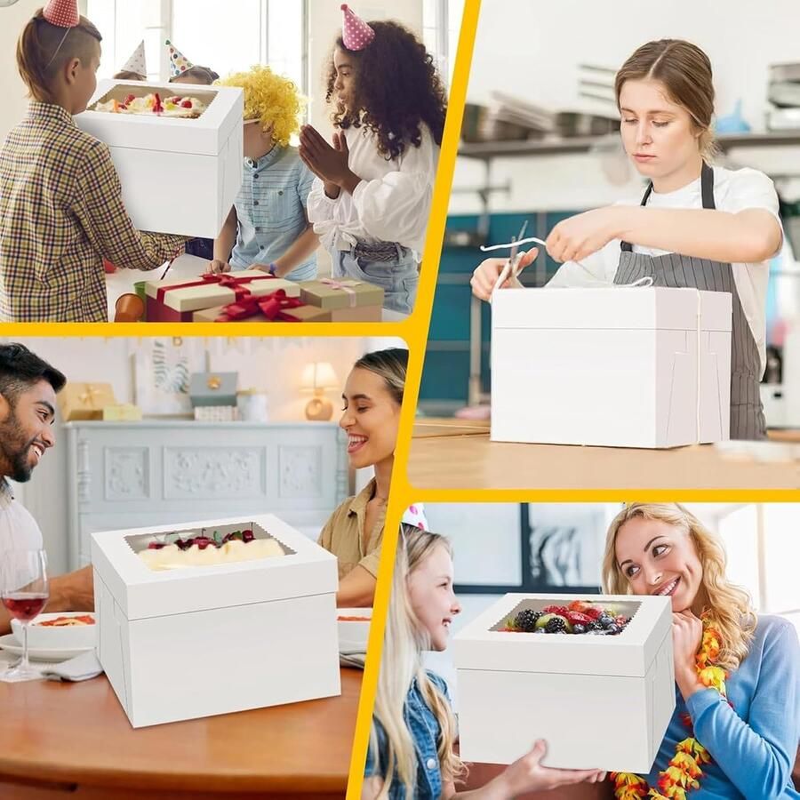 5 stuks Taartendoos Taartenkarton Hoog 30x30x Taartenbox Taartentransportdoos witte Taartenschaal met raam en 10 ronde Taartenplanken 1 rol satijnlint voor taarten Taartenkarton voor taarten
