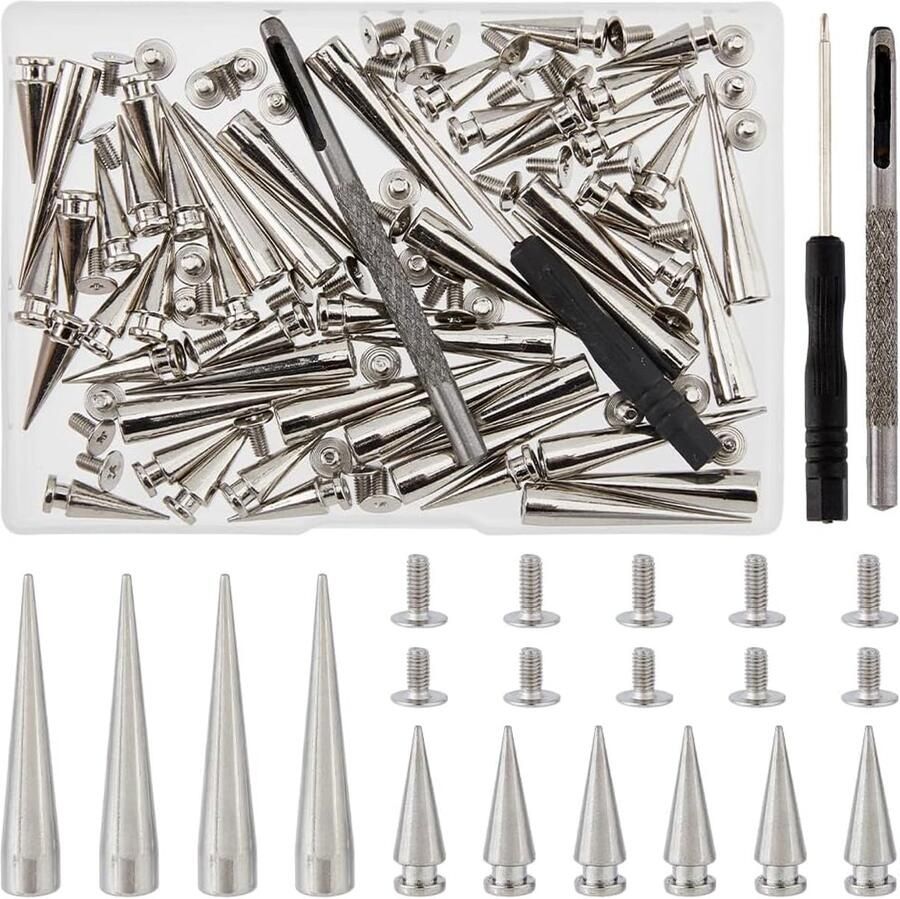 50 Sets Long Punk Spikes en Studs voor Kleding Grote Leer Rivets Screwback Studs met Schroevendraaier en Gat Zilveren Kegel Spikes voor Cosplay Kleding Schoenen Riemen