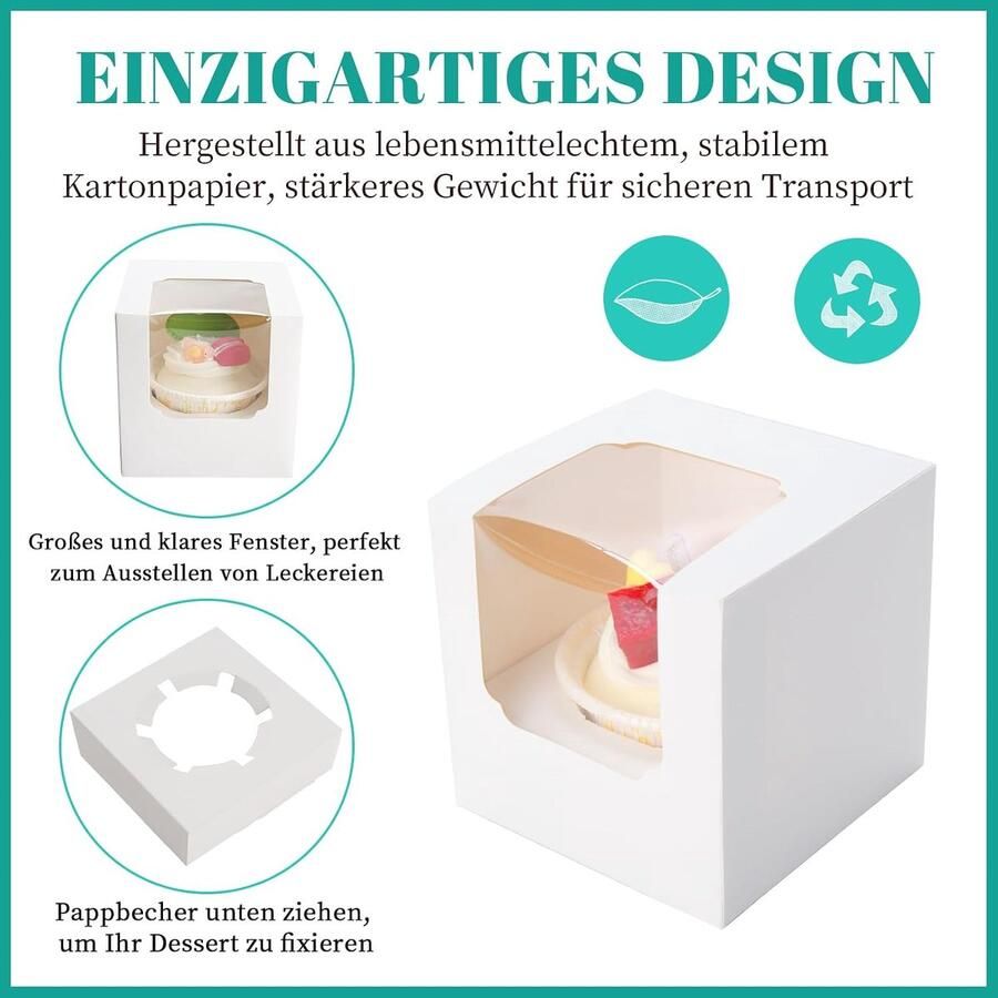 50 stuks cupcake-dozen afzonderlijke cupcake-bakjes voorgemonteerd afzonderlijke cupcake-dozen met 50 stuks inzetstukken voor cupcakes muffins party favorieten (wit)