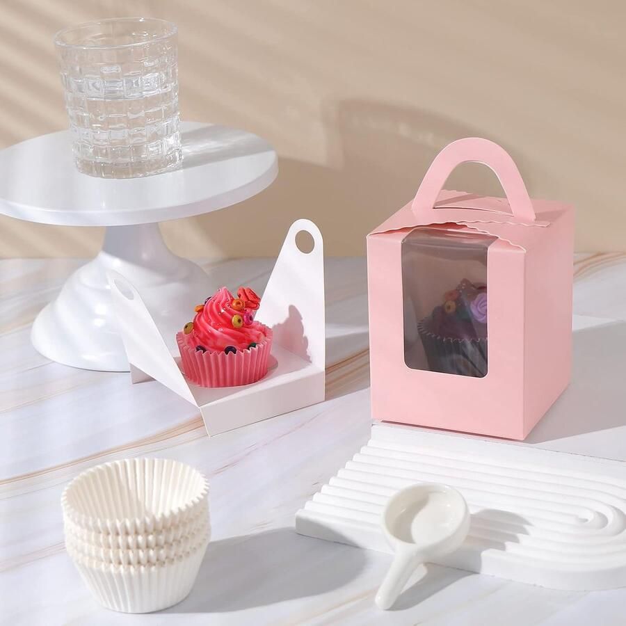 50 stuks cupcakedozen met 1 gat papieren muffindozen met 100 stuks cupcakevormen voor gebak koekjes kleine taarten cupcakes taart (roze)